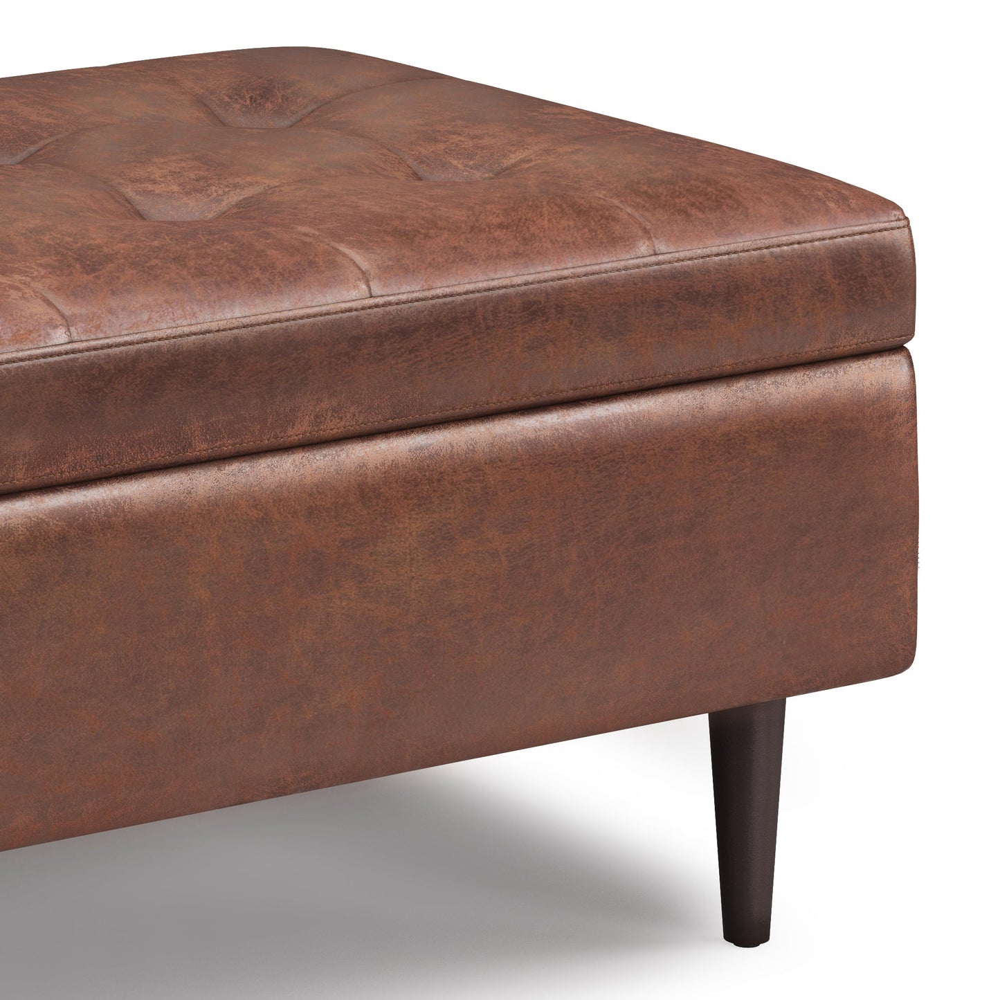 Shay 34 Inch Wide Mid-Century Small Coffee Table Storage Ottoman in Distressed Saddle
