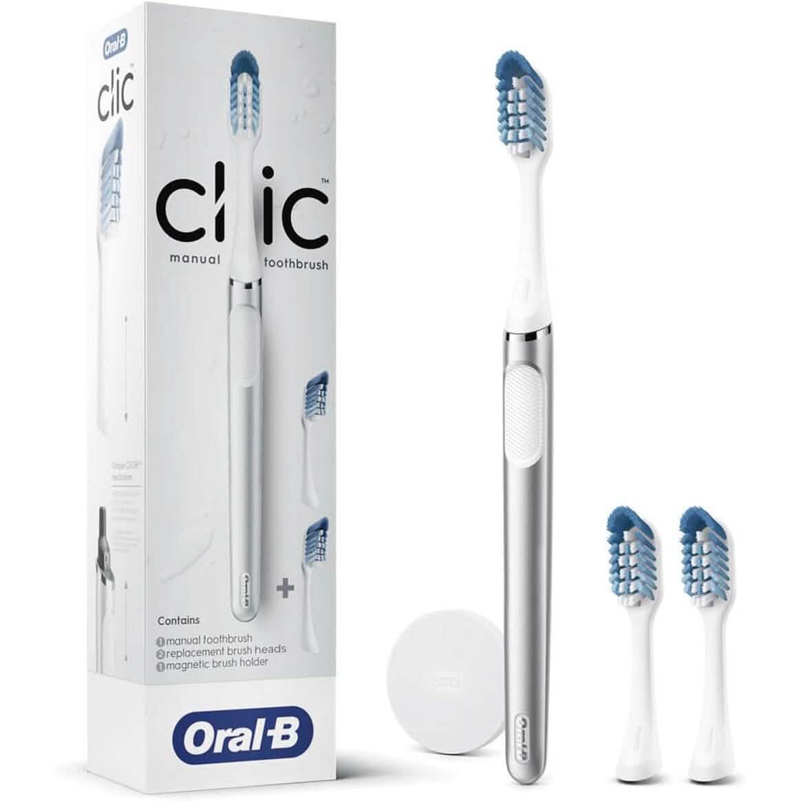 Oral-B Clic Deluxe Kit de démarrage, Brosse à dents manuelle avec 3 têtes de brosse et support magnétique