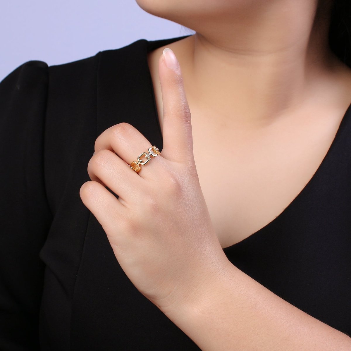 OS 24K Gold Filled Cable Paperclip Chain Link Ring, Dainty Micro Pave Cubic Zirconia CZ Ring S-347