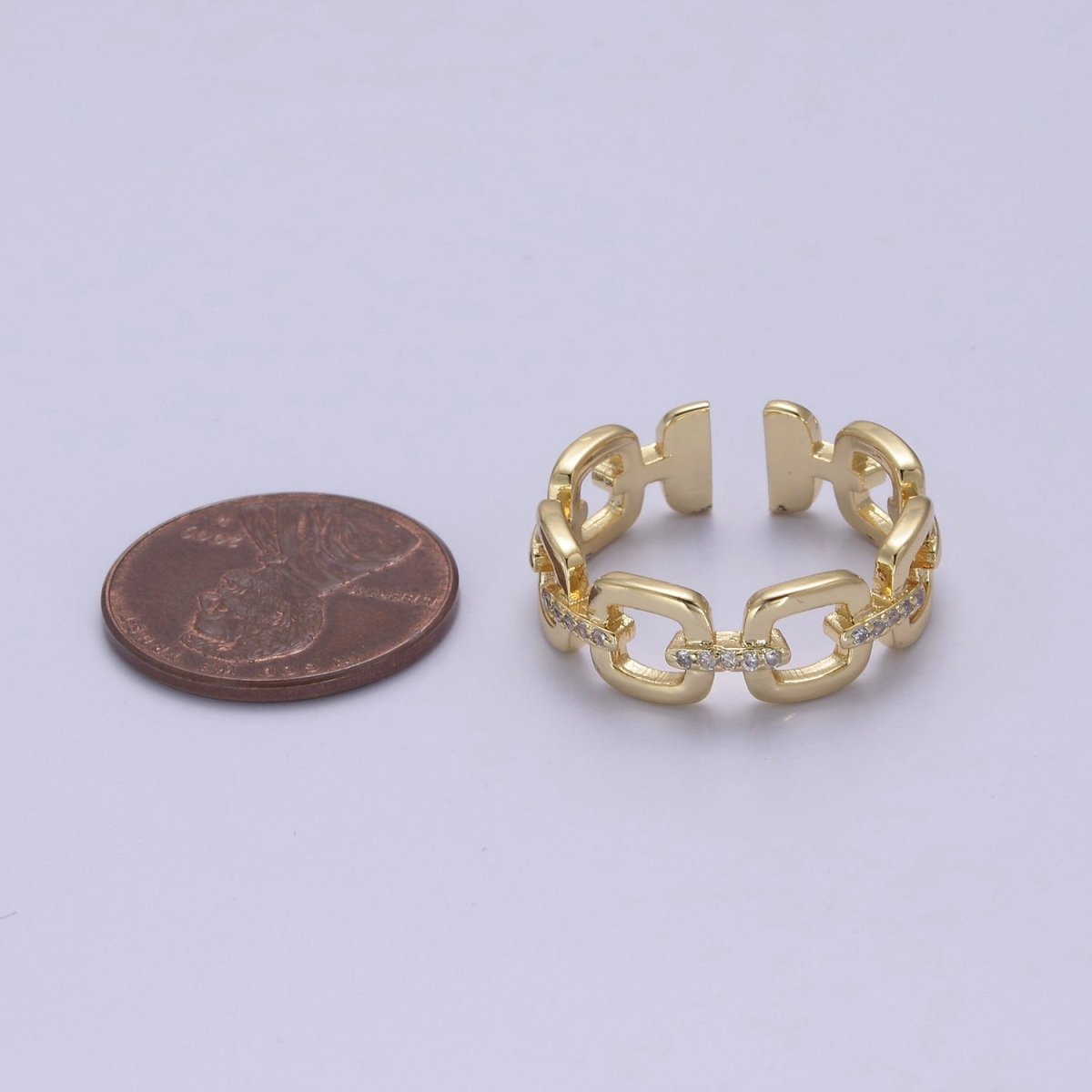 OS 24K Gold Filled Cable Paperclip Chain Link Ring, Dainty Micro Pave Cubic Zirconia CZ Ring S-347