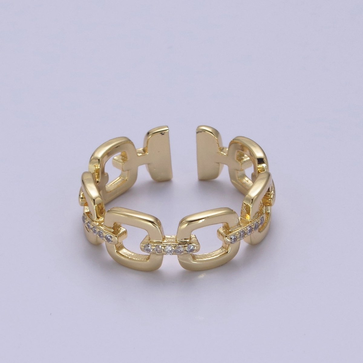 OS 24K Gold Filled Cable Paperclip Chain Link Ring, Dainty Micro Pave Cubic Zirconia CZ Ring S-347