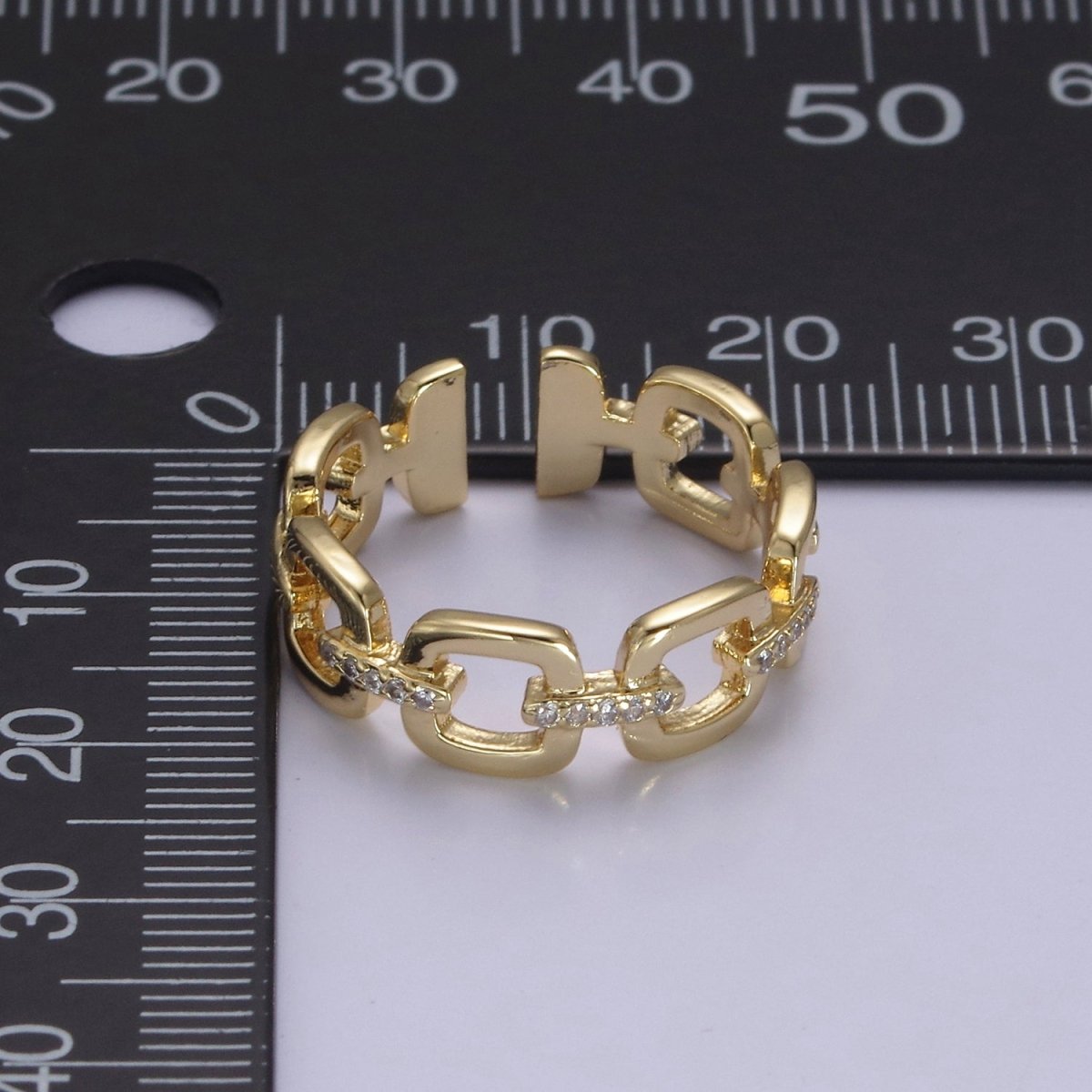 OS 24K Gold Filled Cable Paperclip Chain Link Ring, Dainty Micro Pave Cubic Zirconia CZ Ring S-347