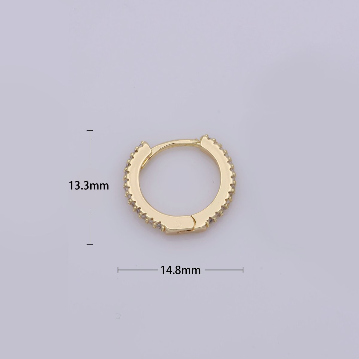 24K Gold Filled Huggie Hoop Earrings, Crystal Cubic Zirconia CZ Encrusted on 14.8X13.3mm Hoops, Minimalist Modern 15mm Huggie Hoops | AE-804