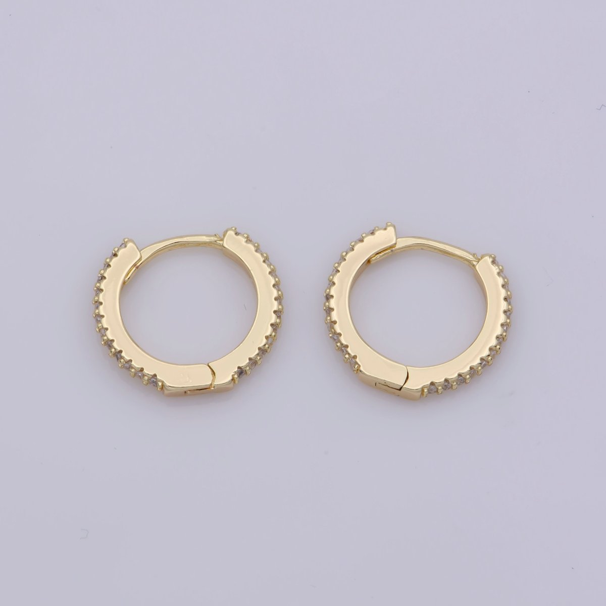24K Gold Filled Huggie Hoop Earrings, Crystal Cubic Zirconia CZ Encrusted on 14.8X13.3mm Hoops, Minimalist Modern 15mm Huggie Hoops | AE-804
