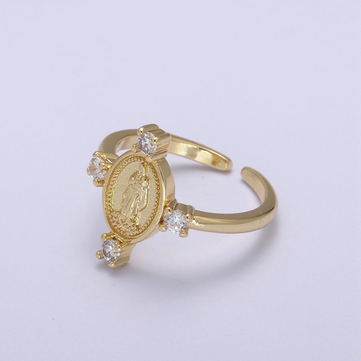 24K Gold Filled Oval Lady Guadalupe Ring, Crystal Zirconia CZ Adjustable Stacking Ring, Gift For Her | U-469