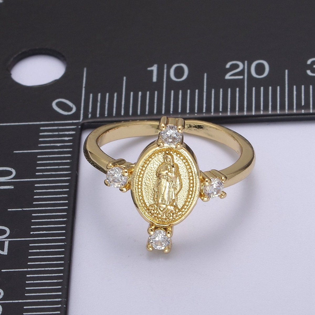 24K Gold Filled Oval Lady Guadalupe Ring, Crystal Zirconia CZ Adjustable Stacking Ring, Gift For Her | U-469