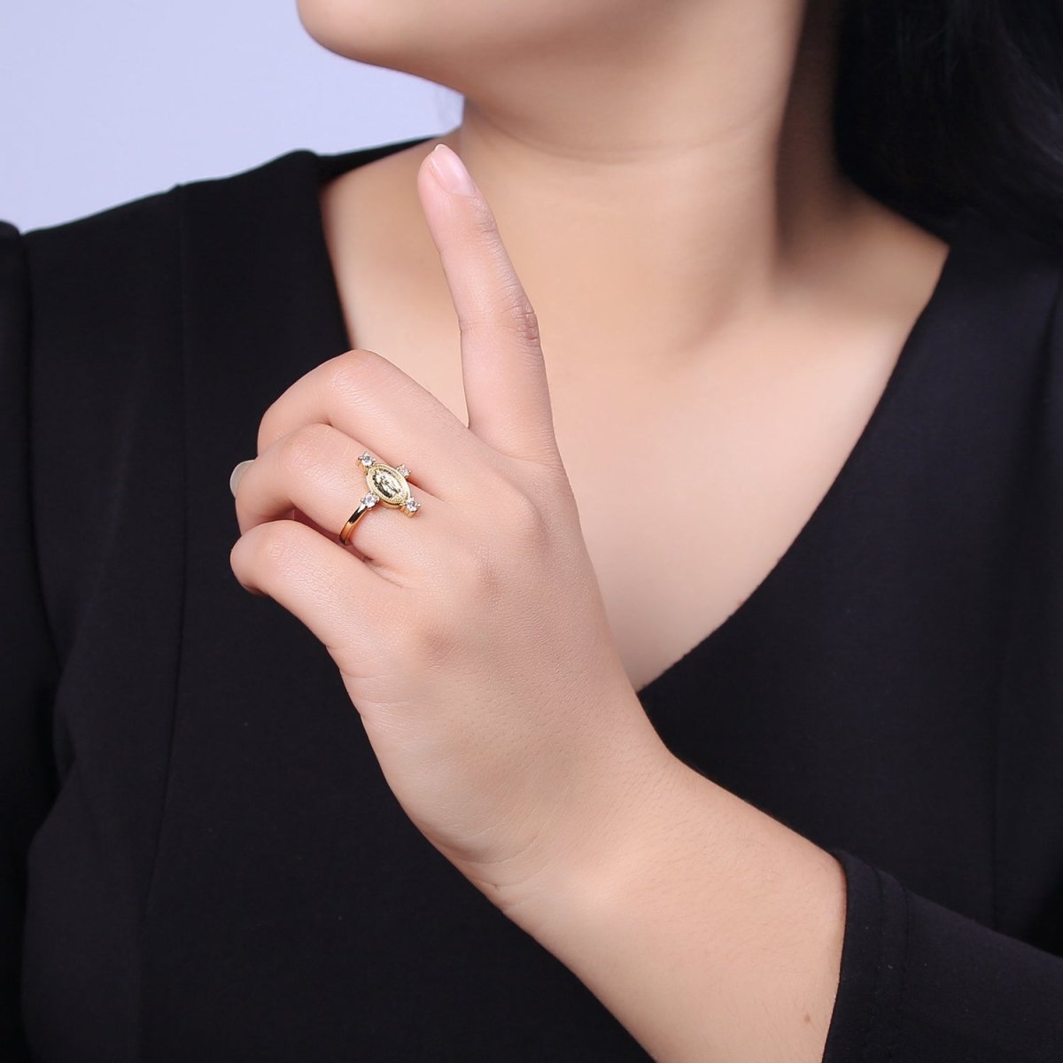 24K Gold Filled Oval Lady Guadalupe Ring, Crystal Zirconia CZ Adjustable Stacking Ring, Gift For Her | U-469