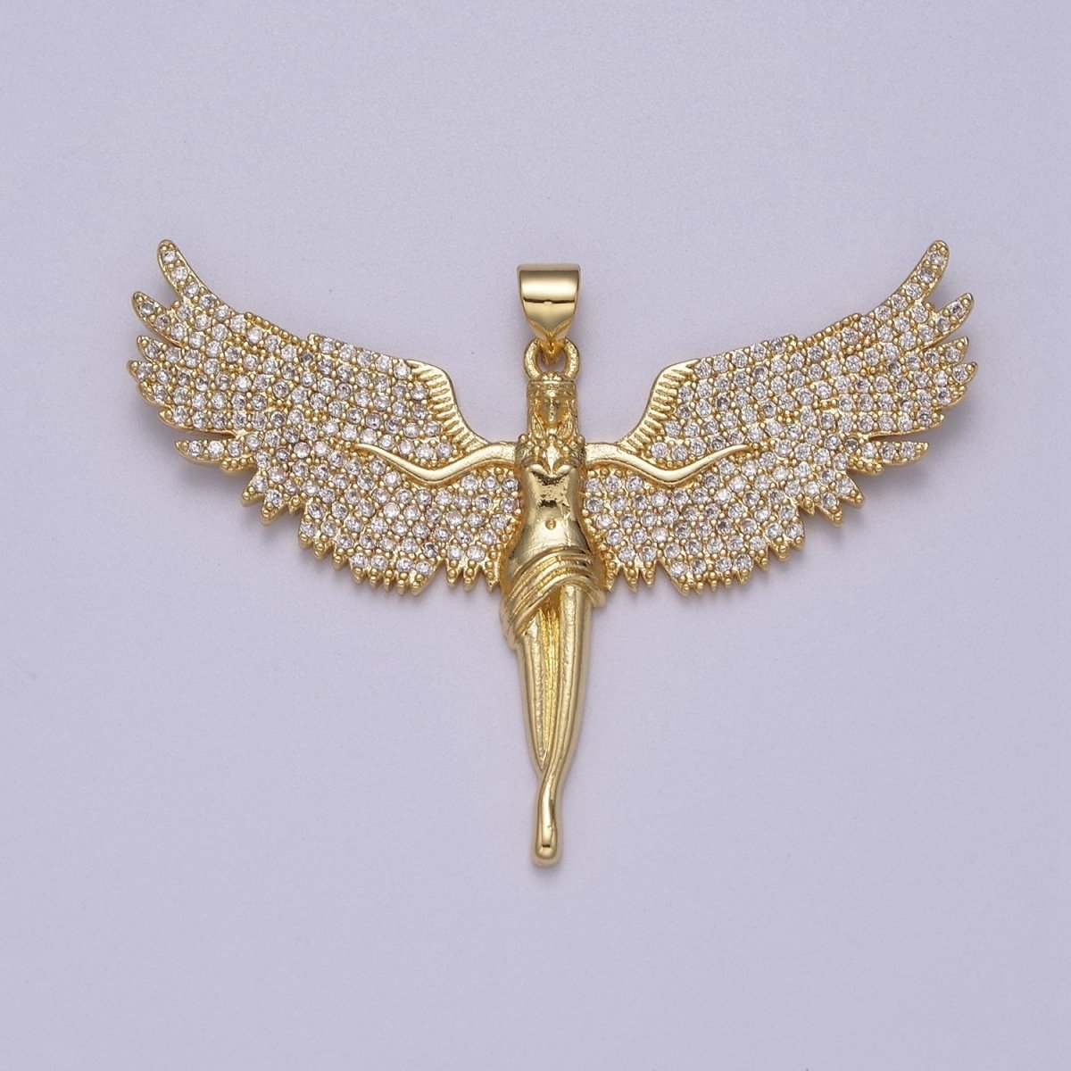 OS Big Gold Angel Necklace Pendant 14K Gold Filled Ascending Wings with Cubic Zirconia Stones Archangel Guardian Angel Religious Jewelry Patron Saint J-347
