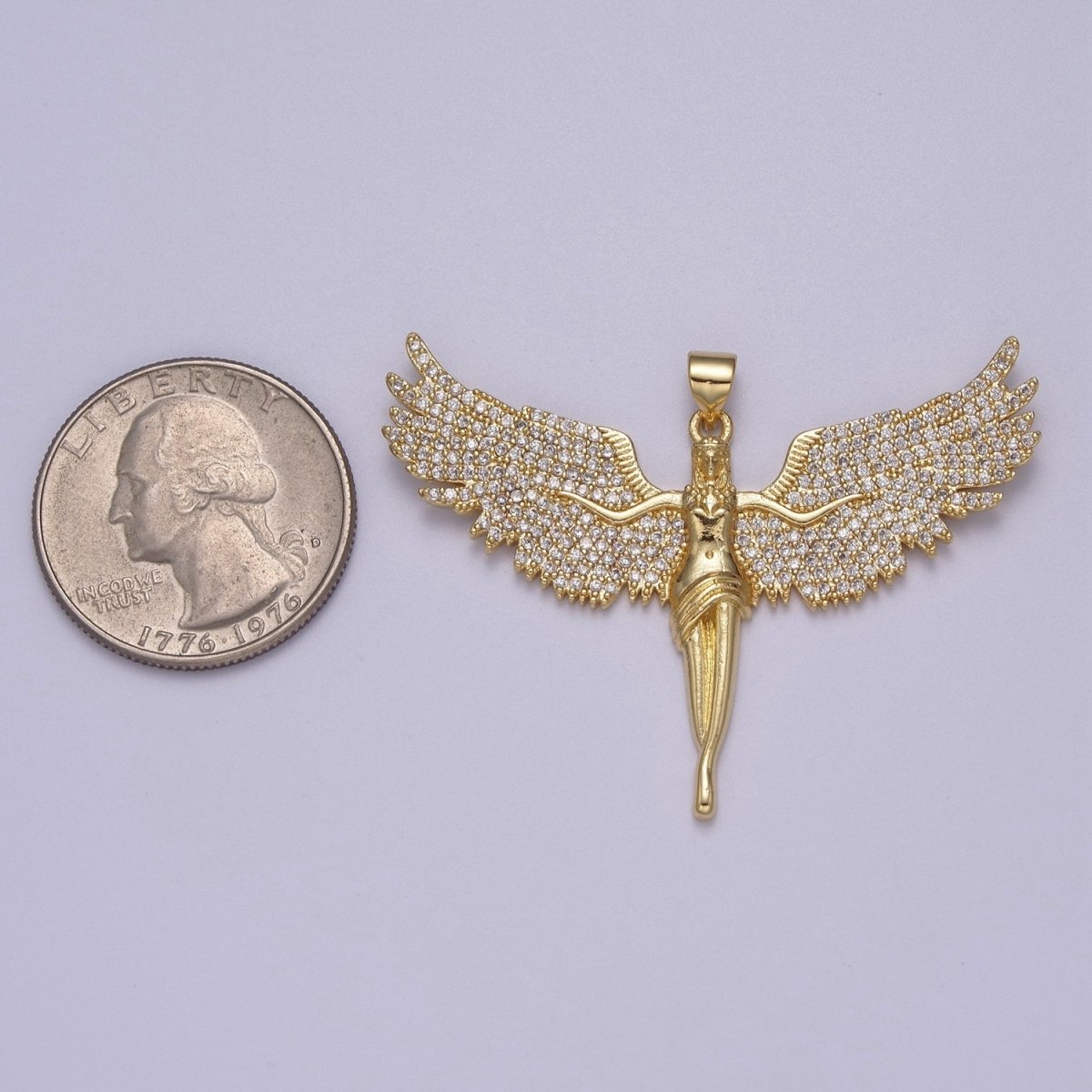 OS Big Gold Angel Necklace Pendant 14K Gold Filled Ascending Wings with Cubic Zirconia Stones Archangel Guardian Angel Religious Jewelry Patron Saint J-347