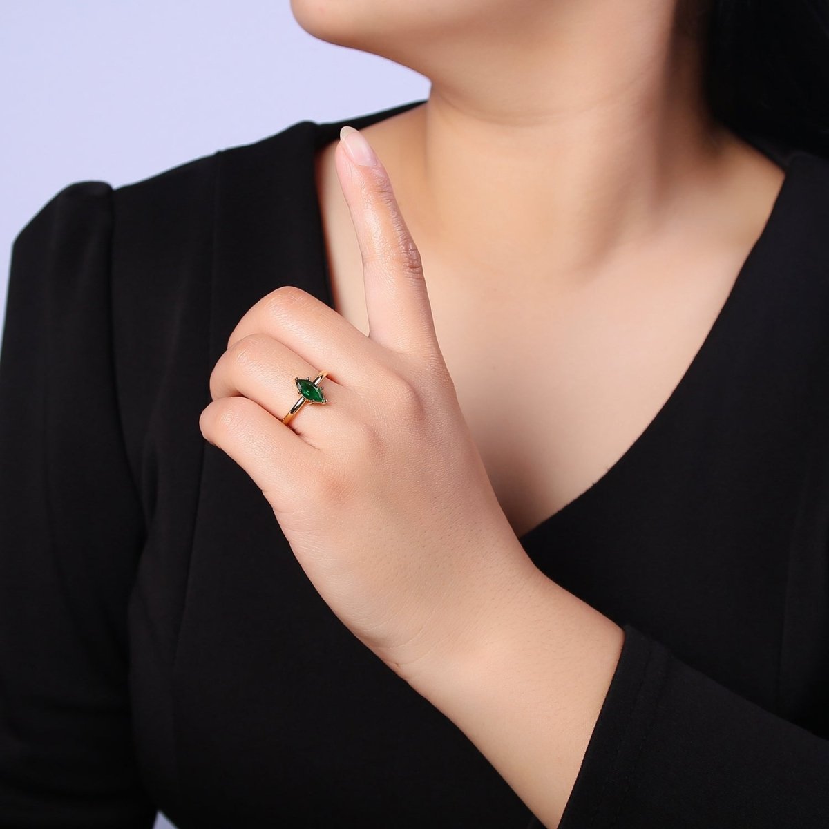 Emerald Marquise Ring, May Birthstone, Dainty Gold Emerald Ring Open Adjustable O-2185
