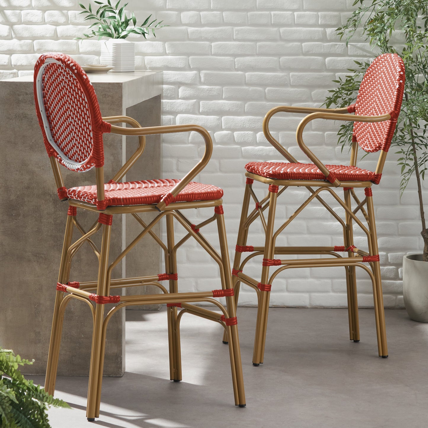 Outdoor Wicker and Aluminum 29.5" French Barstools, Set of 2