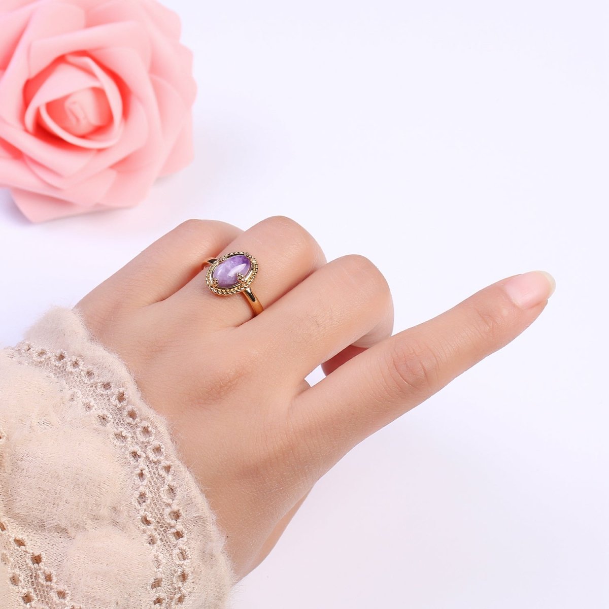 Oval-Cut Amethyst Gemstone Statement 24K Gold Filled Statement Ring U-292