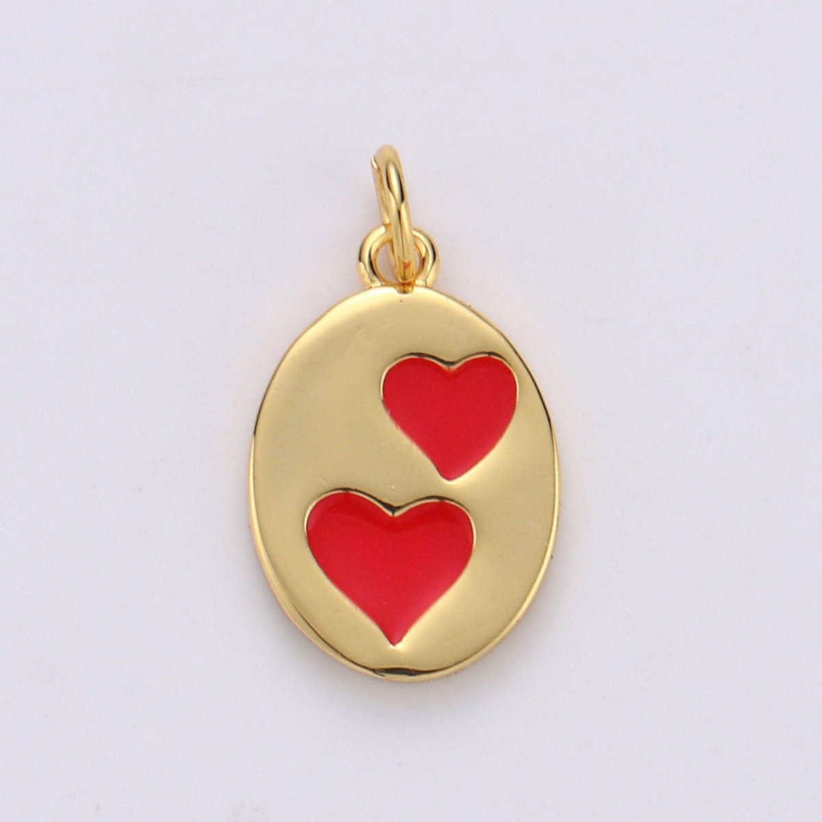 Oval Red Heart Charm - Dainty Gold Double Heart Add On Charm - Dainty Heart - Love Inspired Gold Filled Heart Pendant Couple Jewelry D-713