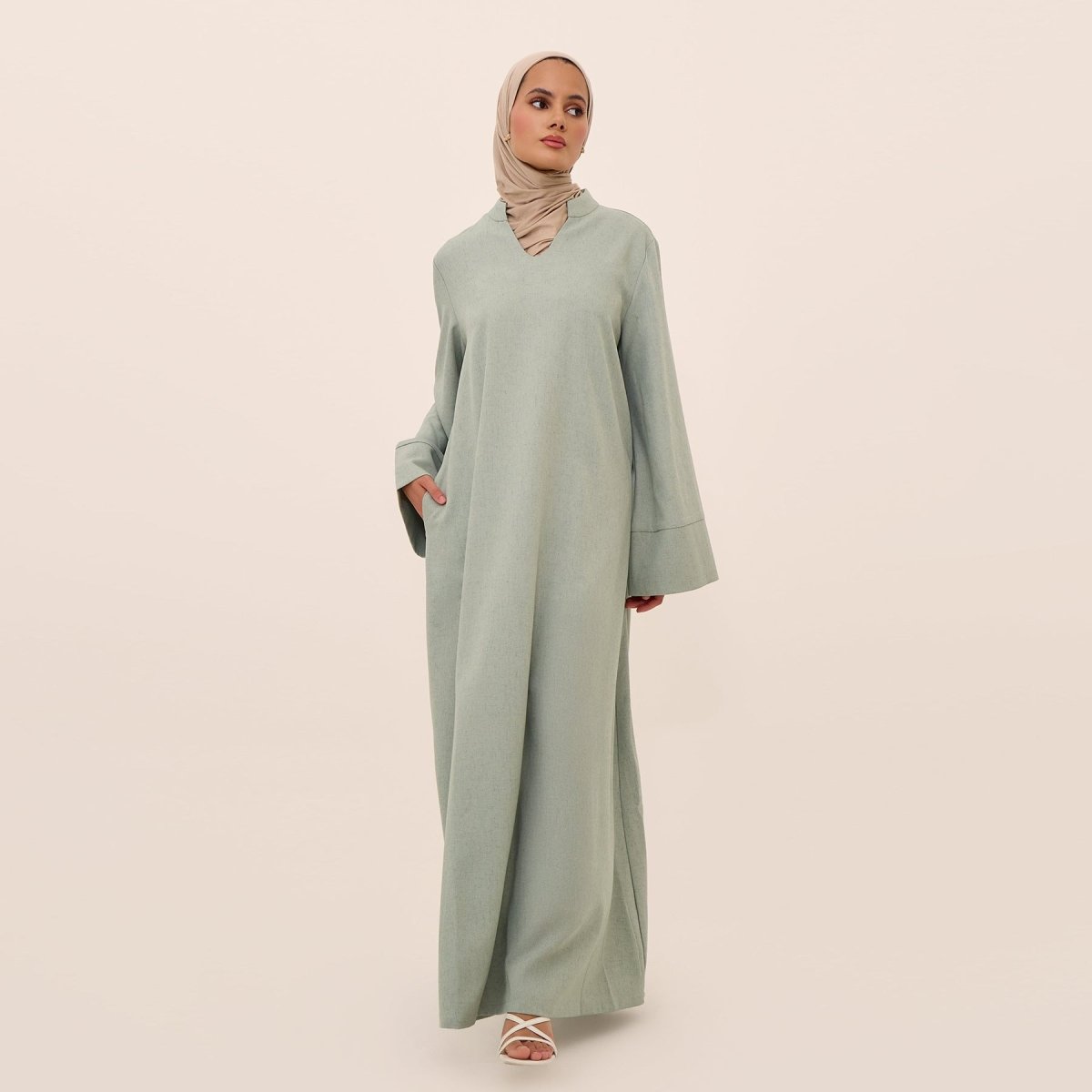 Oversized V-Neck Abaya with Pockets | Solid Color Maxi Dress with Wide Cuffs(MA331)