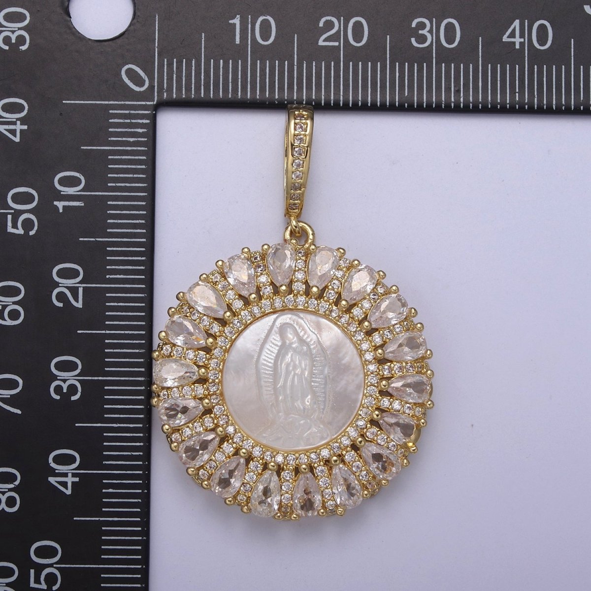 OZ CZ Micro Pave Lady Guadalupe On Round Coin Pearl Charms, 14K Gold Filled Virgin Mary Pendant, Mother of Pearl Necklace Charm, 42.5x30mm H-403