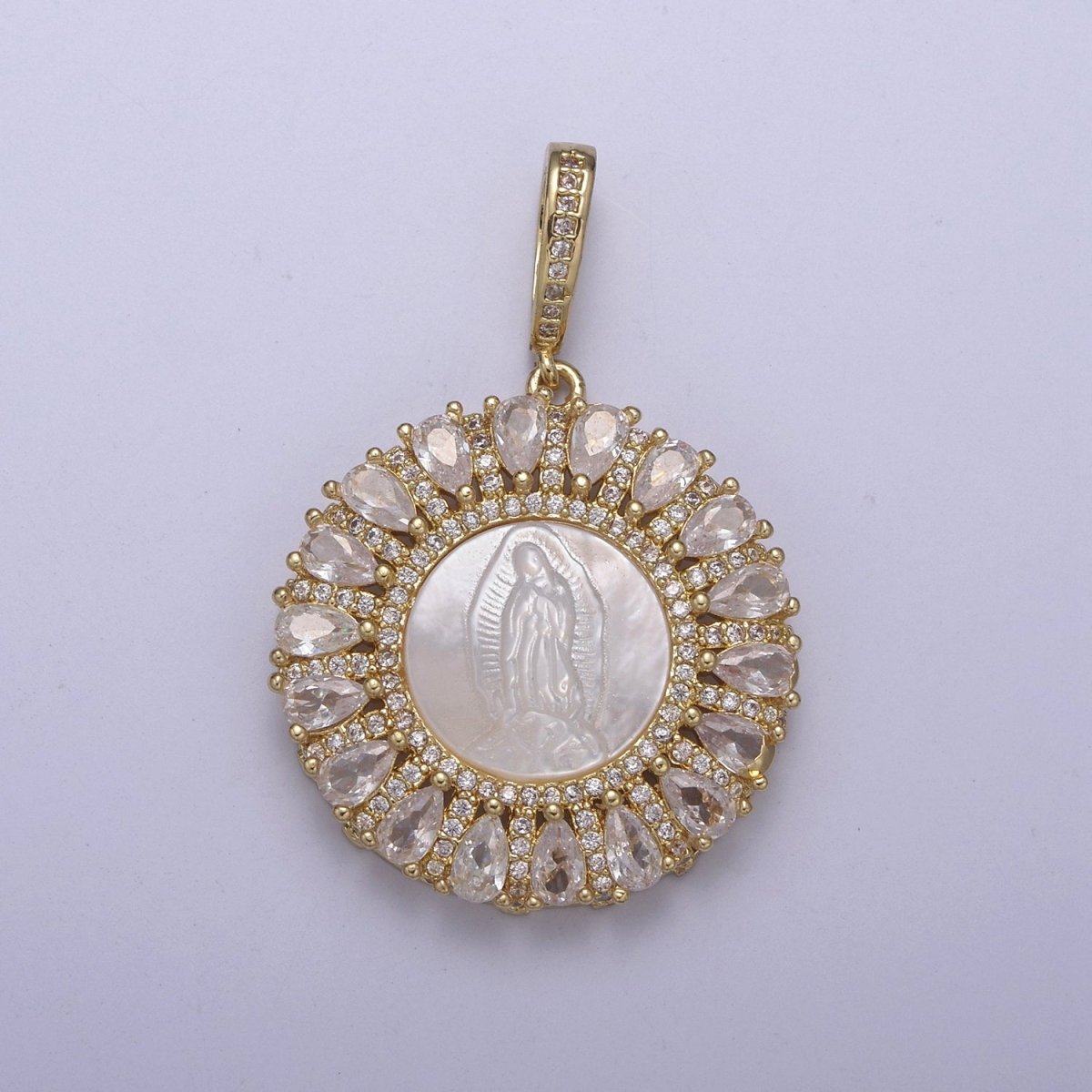 OZ CZ Micro Pave Lady Guadalupe On Round Coin Pearl Charms, 14K Gold Filled Virgin Mary Pendant, Mother of Pearl Necklace Charm, 42.5x30mm H-403