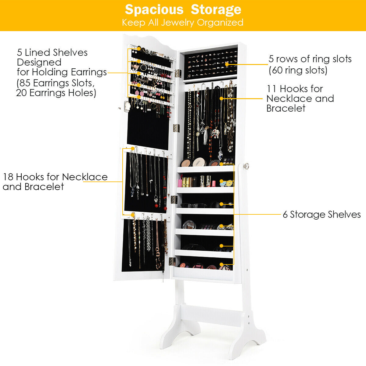 Mirrored Lockable Jewelry Cabinet Armoire Organizer Storage Box