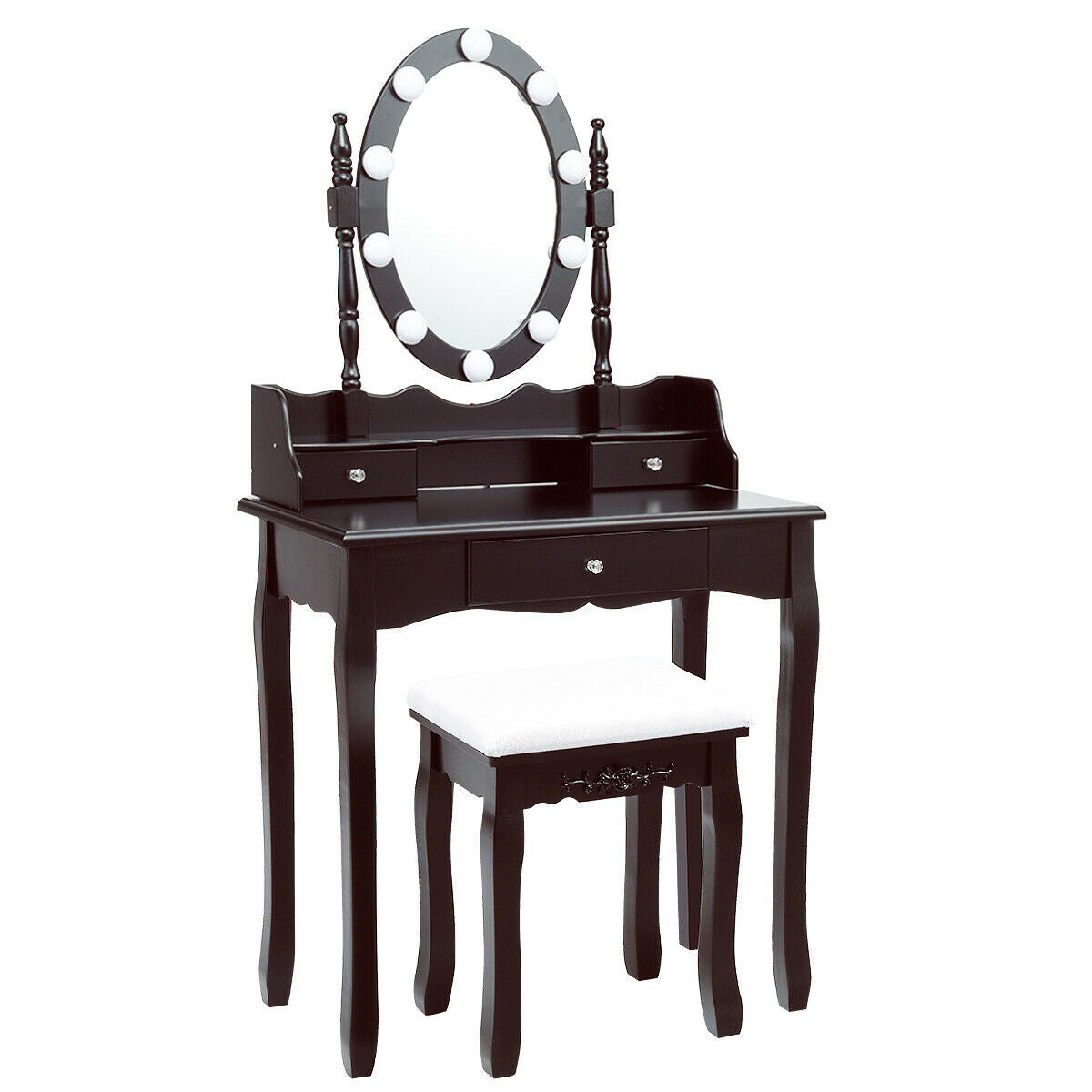 Oval Mirror Vanity Set with 10 LED Dimmable Bulbs and 3 Drawers