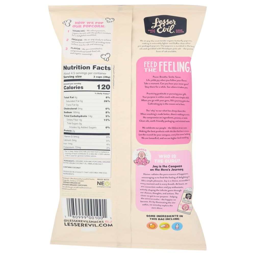 LESSER EVIL: Himalayan Pink Salt Organic Popcorn, 4.6 oz