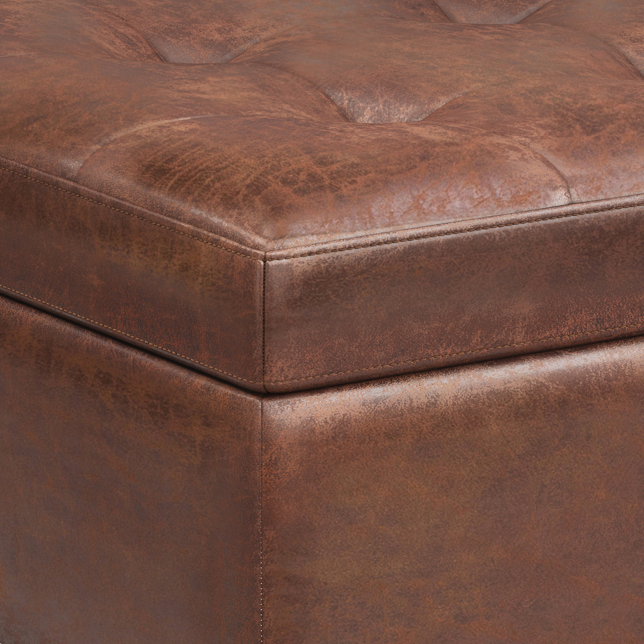 Shay 34 Inch Wide Mid-Century Small Coffee Table Storage Ottoman in Distressed Saddle