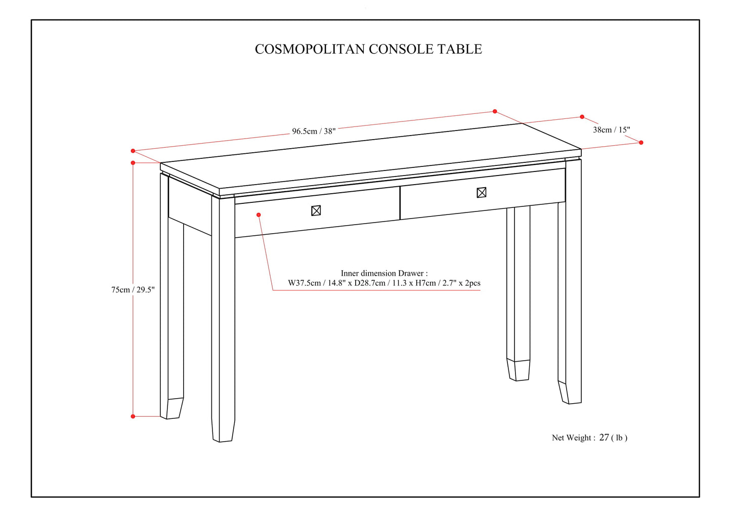 Cosmopolitan 38 Inch Wide Solid Wood Console Sofa Table in Mahogany