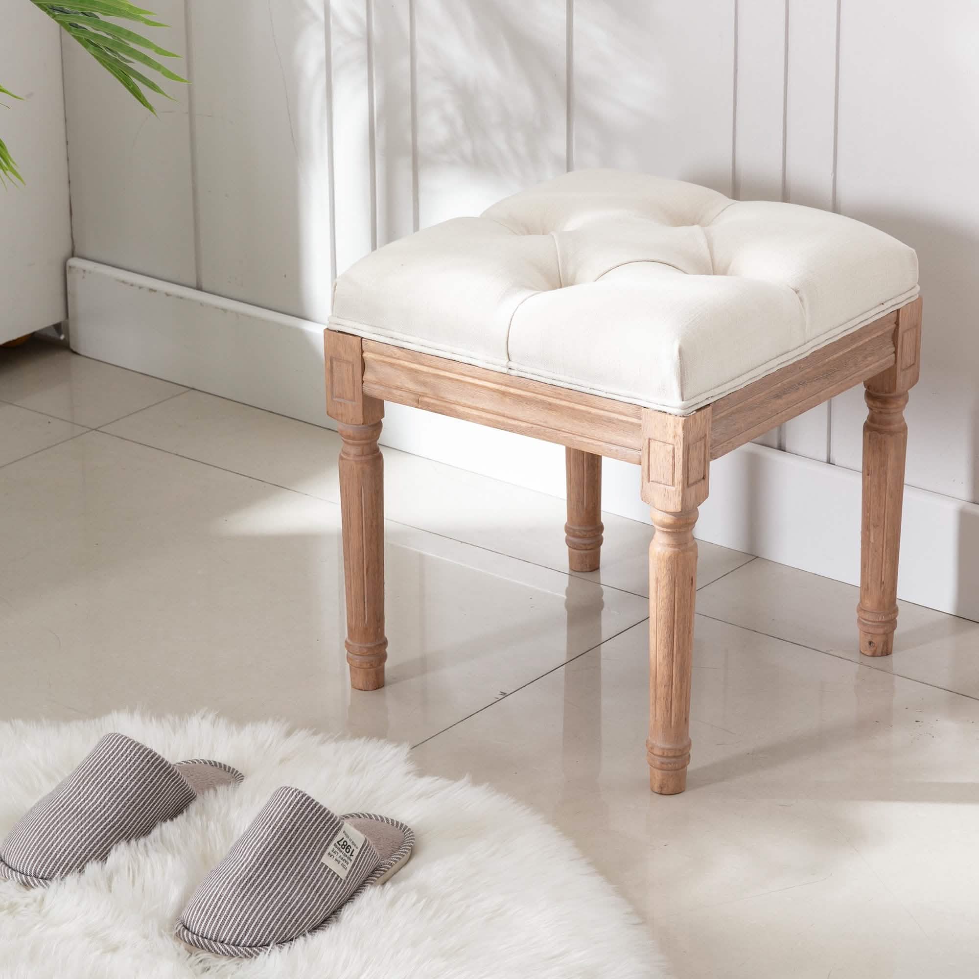 Padded Square Footstool with Rubberwood Legs
