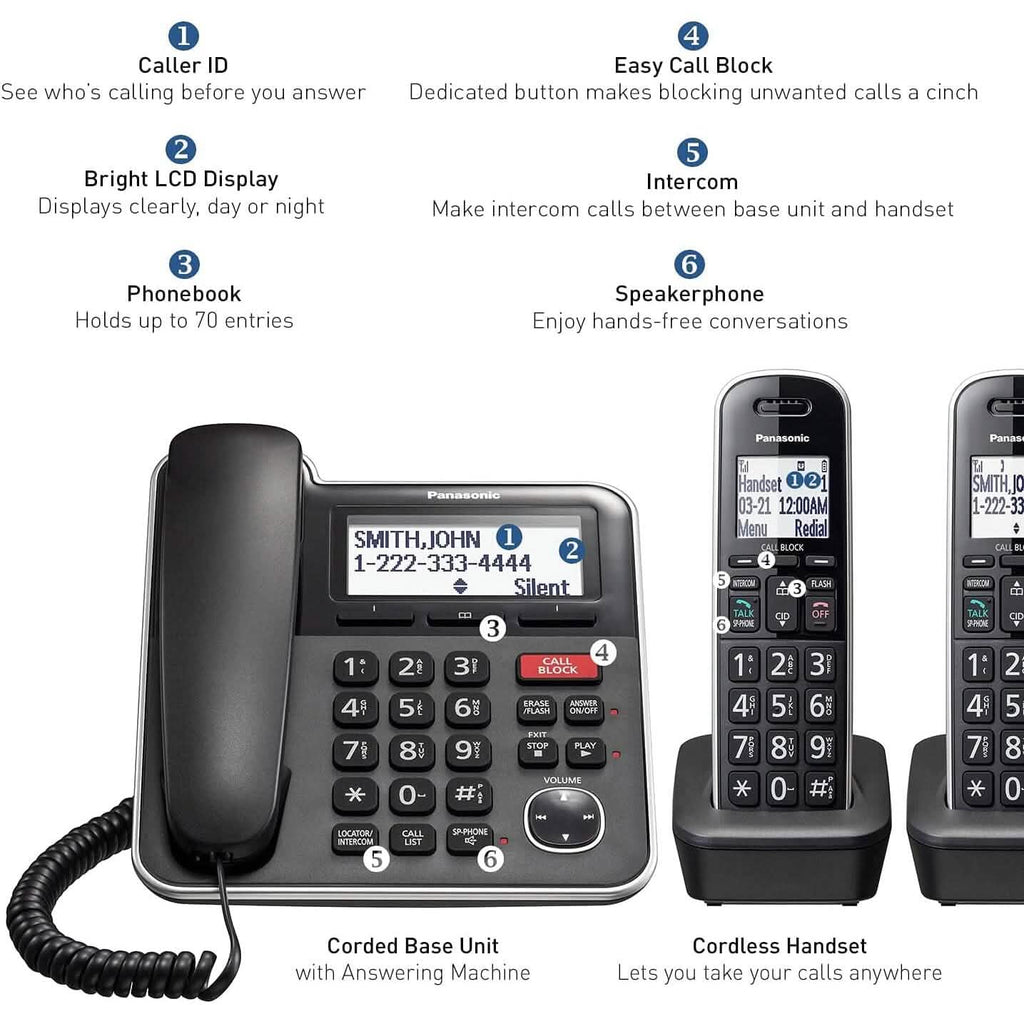 Système téléphonique extensible filaire/sans fil Panasonic avec répondeur et blocage d'appel à touche unique – 2 combinés (reconditionné)