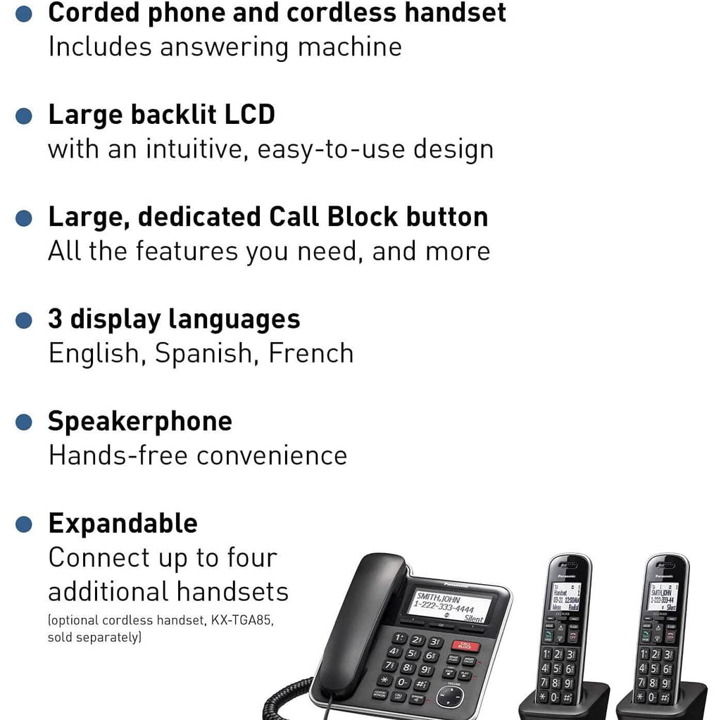 Système téléphonique extensible filaire/sans fil Panasonic avec répondeur et blocage d'appel à touche unique – 2 combinés (reconditionné)