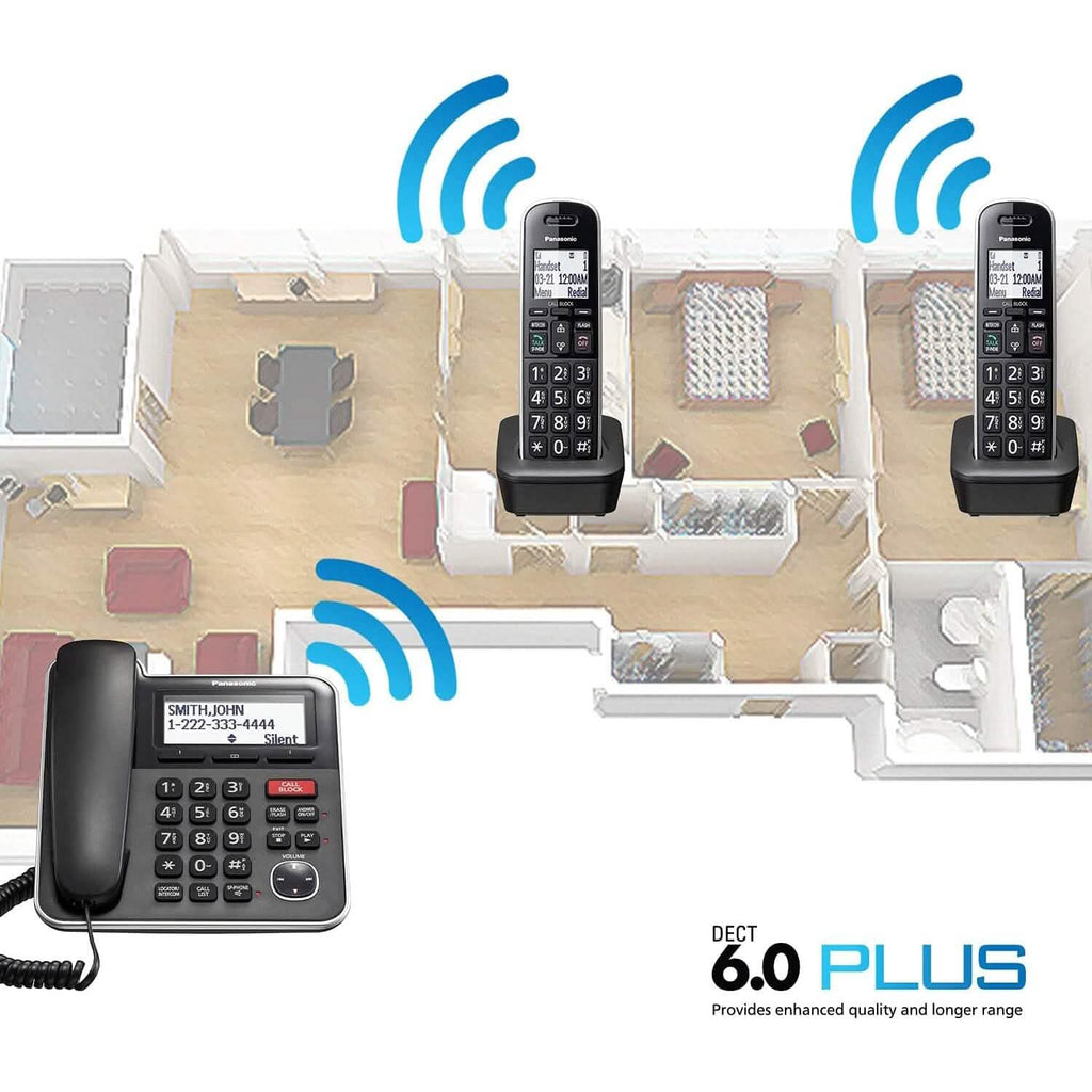 Système téléphonique extensible filaire/sans fil Panasonic avec répondeur et blocage d'appel à touche unique – 2 combinés (reconditionné)