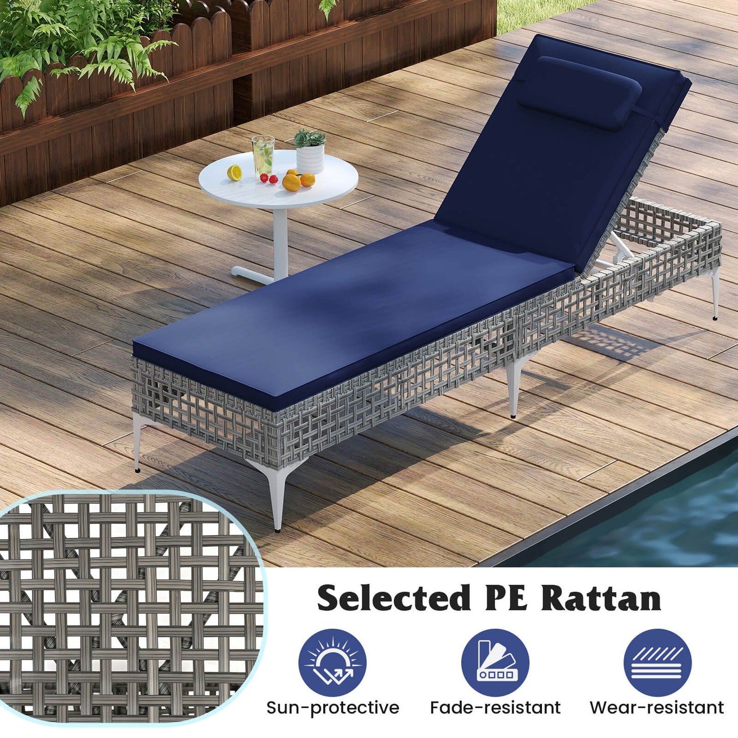 Patio Chaise Lounge Chair with 6-Level Adjustable Backrest and Headrest for Poolside-Navy