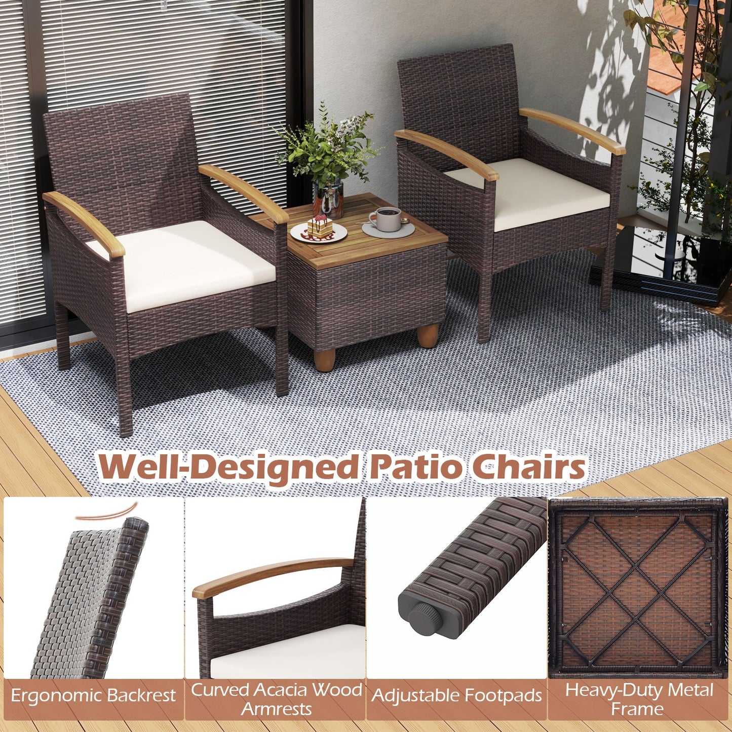 Patio Dining Chairs Set of 2/4 with Acacia Wood Armrest and Heavy Duty Metal Frame