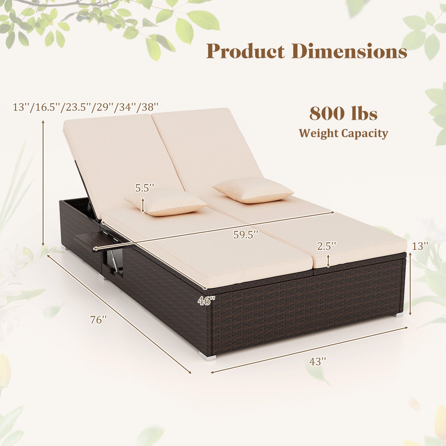 Patio Double Chaise Lounge with Cushions and Folding Side Trays