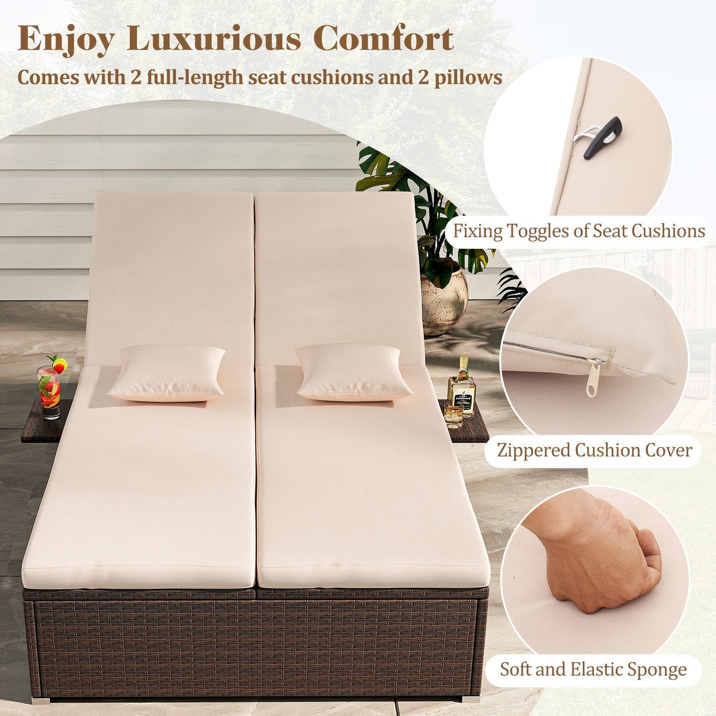Patio Double Chaise Lounge with Cushions and Folding Side Trays