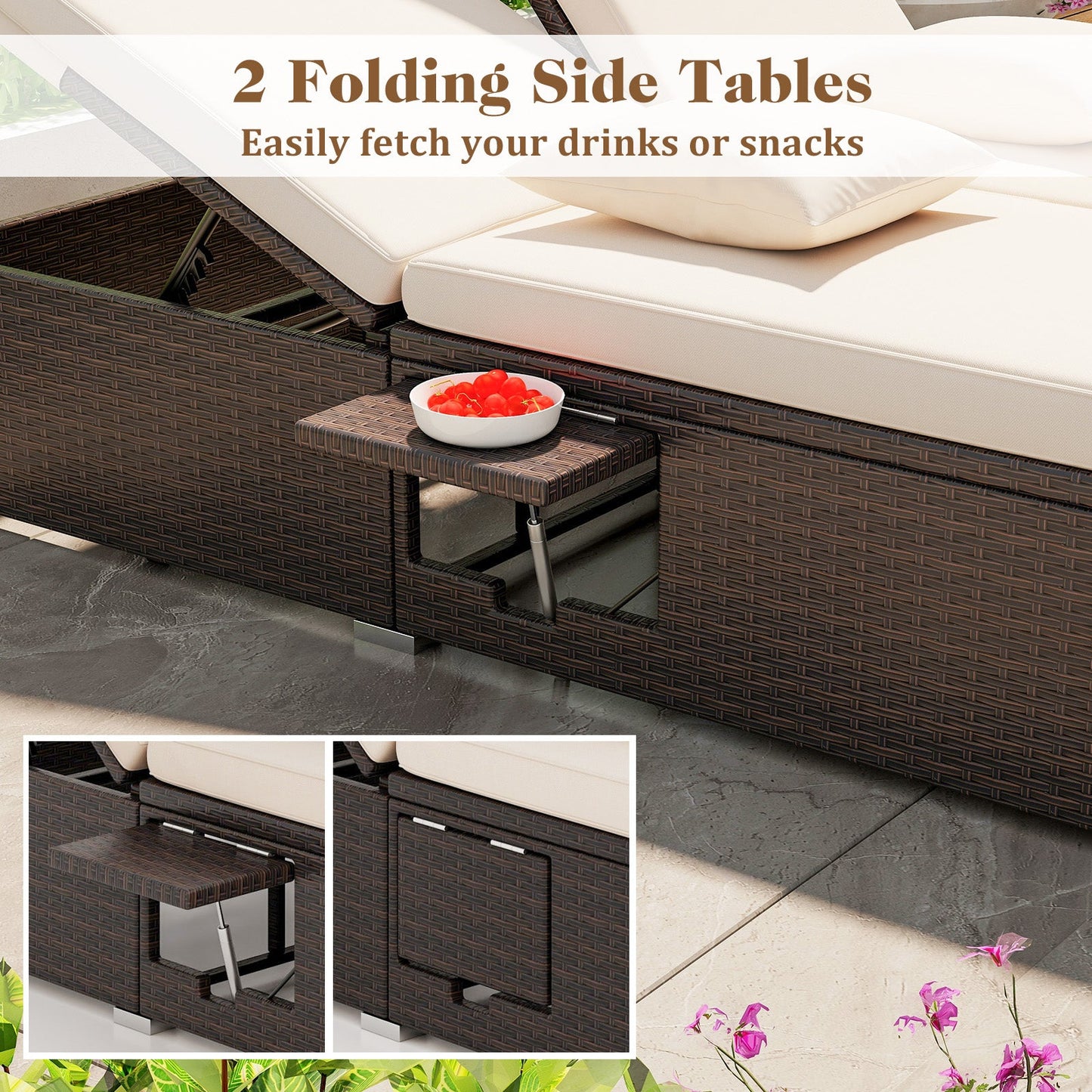 Patio Double Chaise Lounge with Cushions and Folding Side Trays