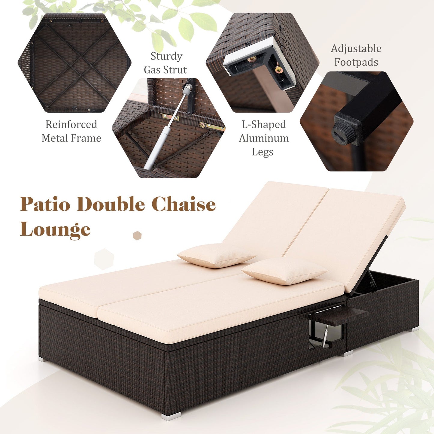 Patio Double Chaise Lounge with Cushions and Folding Side Trays