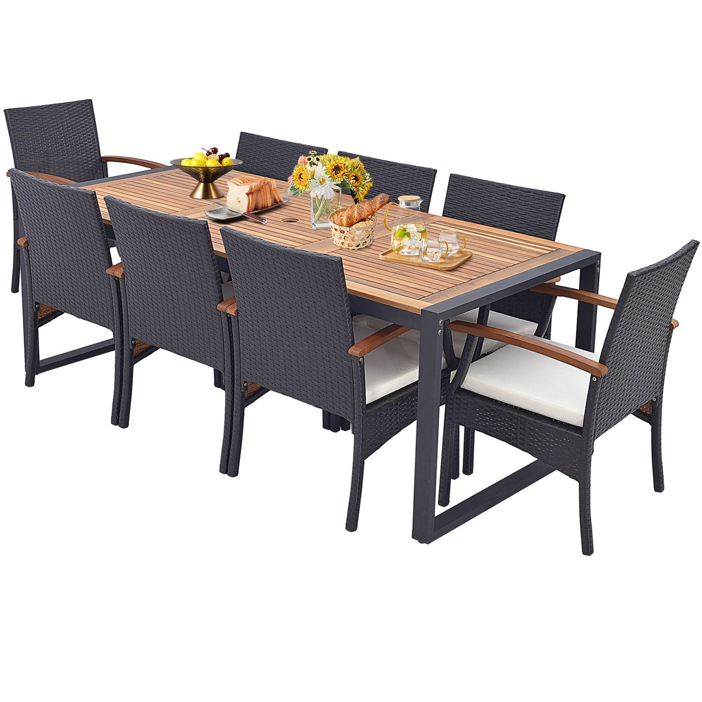 9 Pieces Patio Rattan Dining Set with Acacia Wood Table for Backyard Garden