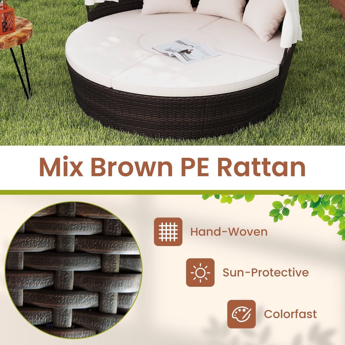 Patio Round Daybed with Retractable Canopy-White