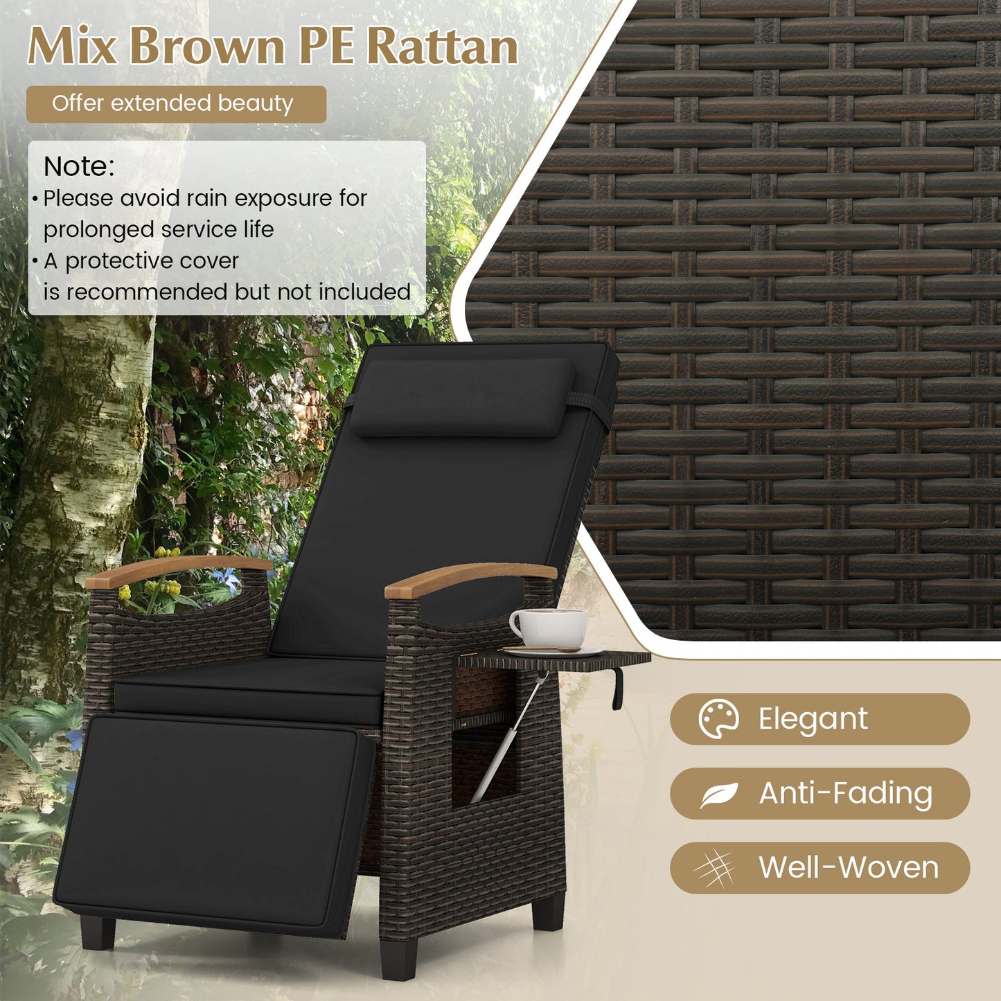 Patio Wicker Recliner Chair with Adjustable Backrest and Footrest