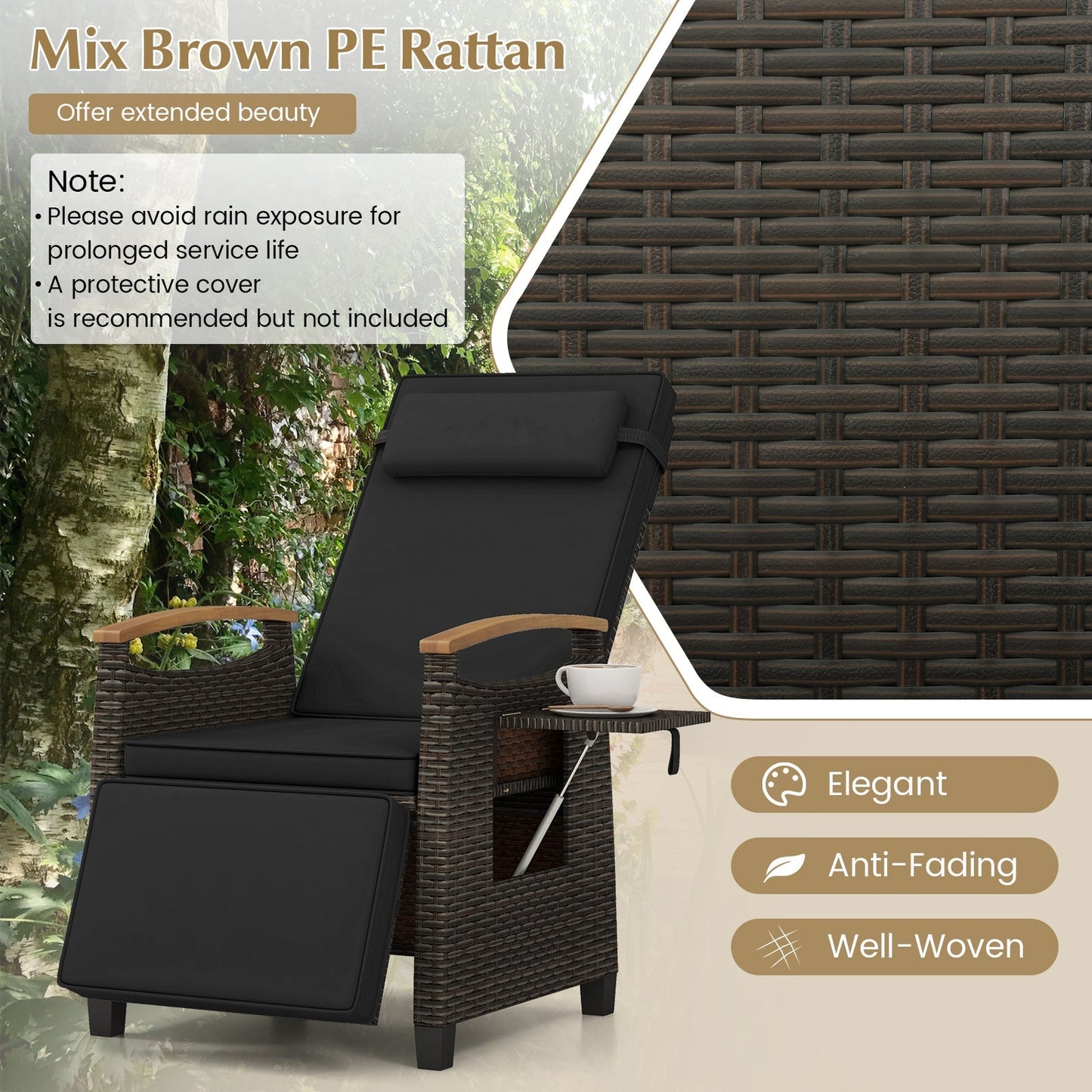 Patio Wicker Recliner Chair with Adjustable Backrest and Footrest