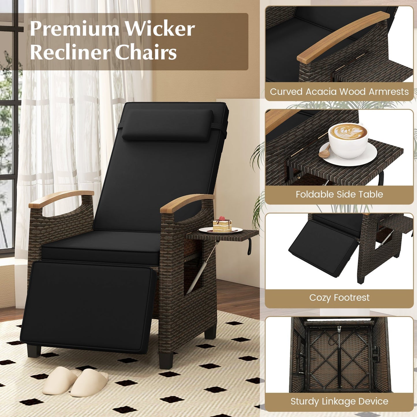 Patio Wicker Recliner Chair with Adjustable Backrest and Footrest