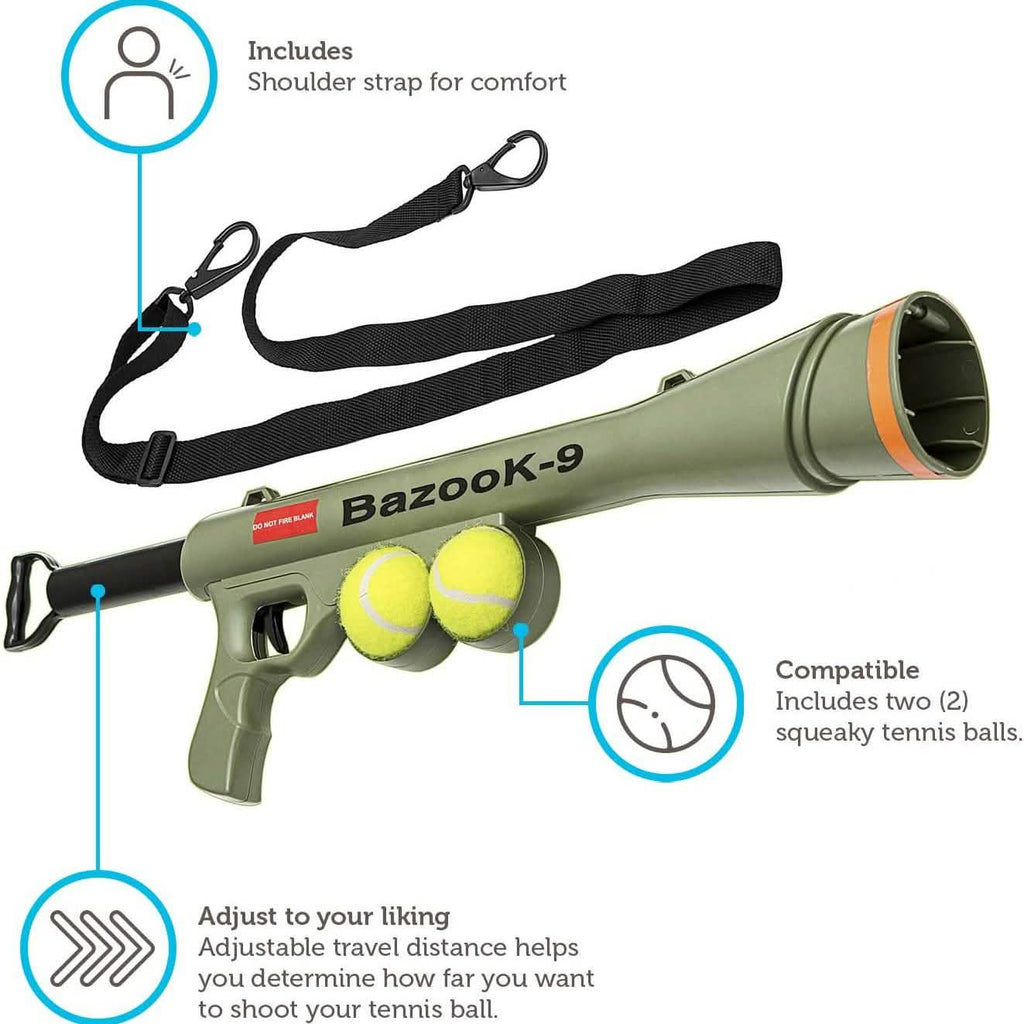 Paws & Pals Bazook - 9 Tennis Ball Launcher Gun with 2 Squeaky Balls