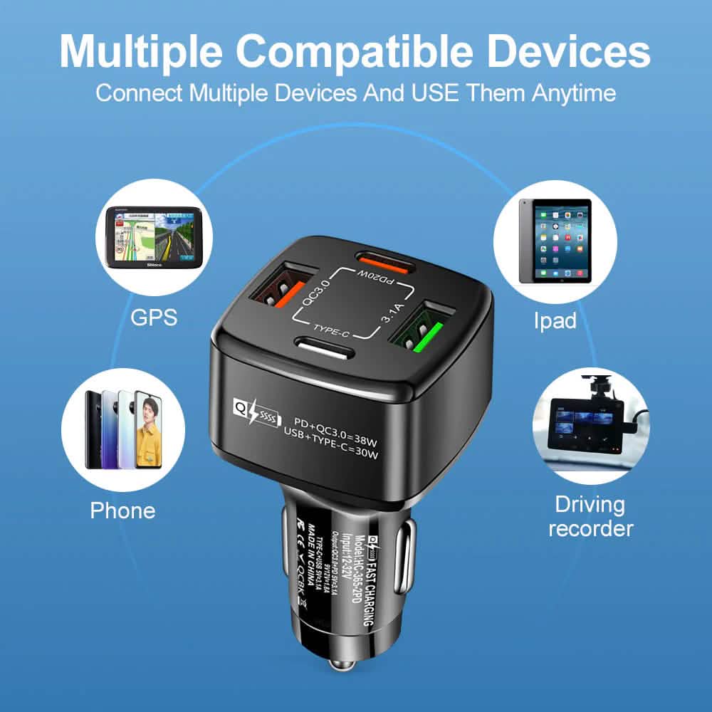 Ensemble chargeur de voiture PBG 4 ports PD/USB et câble Lightning style zèbre de 3 m
