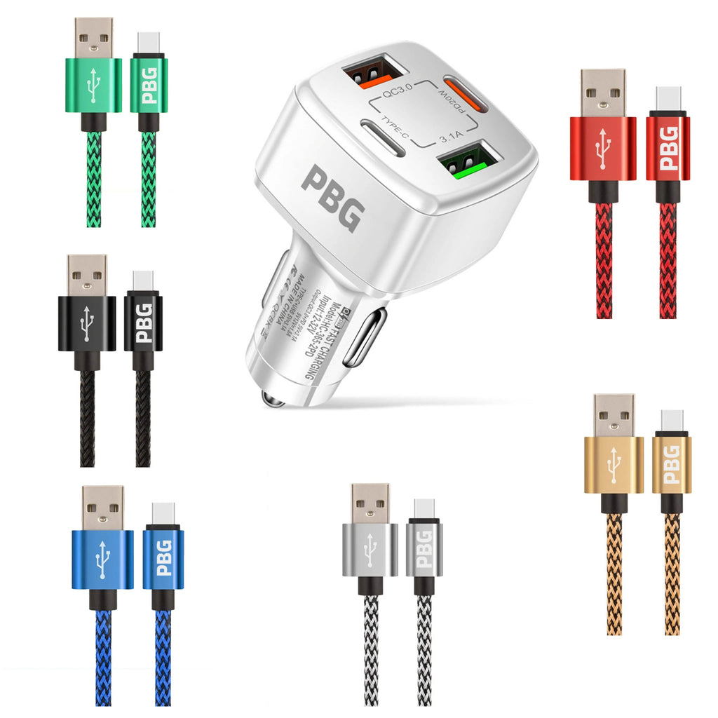 Ensemble chargeur de voiture PBG 4 ports PD/USB et câble Lightning style zèbre de 3 m