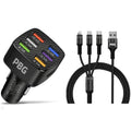 Chargeur de voiture PBG noir LED 6 ports et câble 3-en-1 de 1,2 m