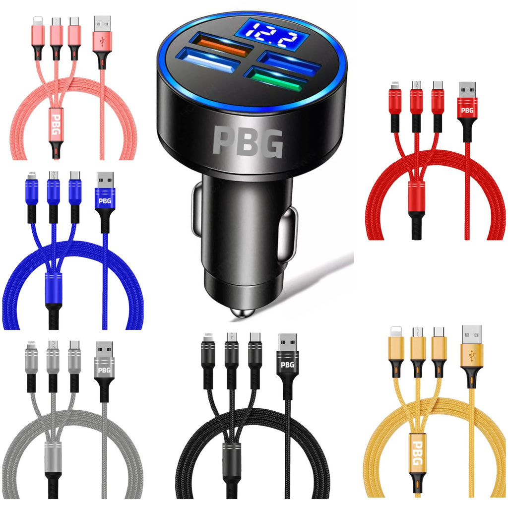 PBG LED 4 Port Car Charger Voltage Display and 3-in-1 Cable Bundle