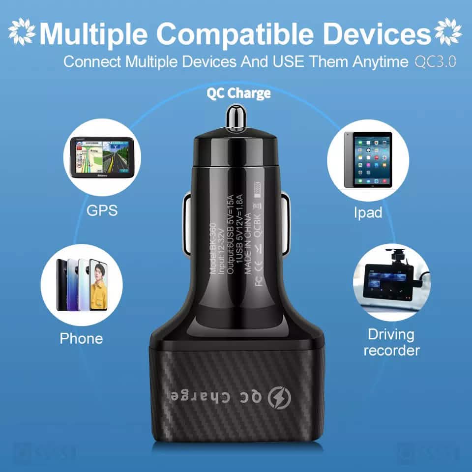 PBG LED 6-Port Car Charger and 10FT XL Zebra Lightning Cable Combo