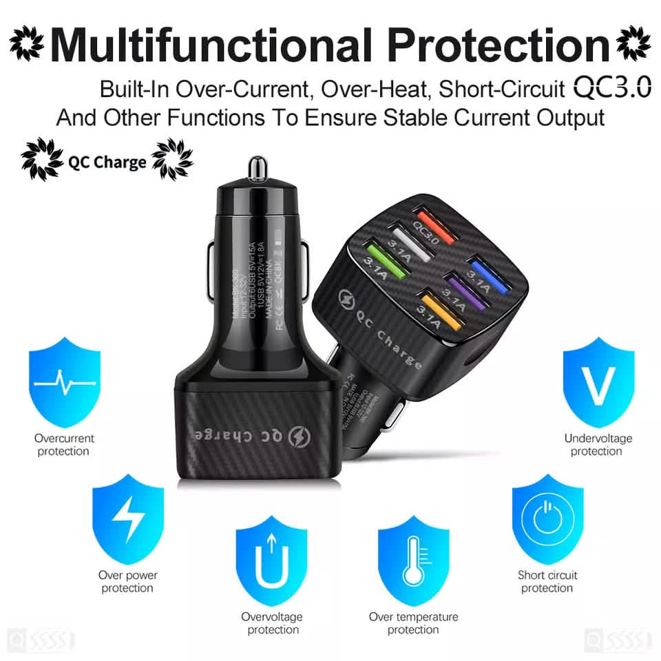 PBG LED 6 Port Car Charger and 4Ft. 3-in-1 Cable Combo