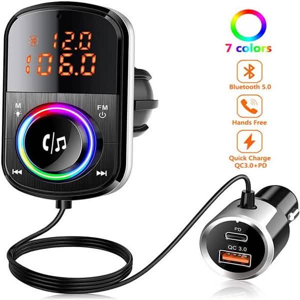 PD18WとQC3.0 Bluetooth 5.0 カーラジオアダプター デュアル高速充電ポート ワイヤレスFMオーディオハンズフリーカーキットレシーバー