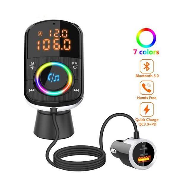 PD18WとQC3.0 Bluetooth 5.0 カーラジオアダプター デュアル高速充電ポート ワイヤレスFMオーディオハンズフリーカーキットレシーバー