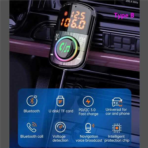 PD18WとQC3.0 Bluetooth 5.0 カーラジオアダプター デュアル高速充電ポート ワイヤレスFMオーディオハンズフリーカーキットレシーバー